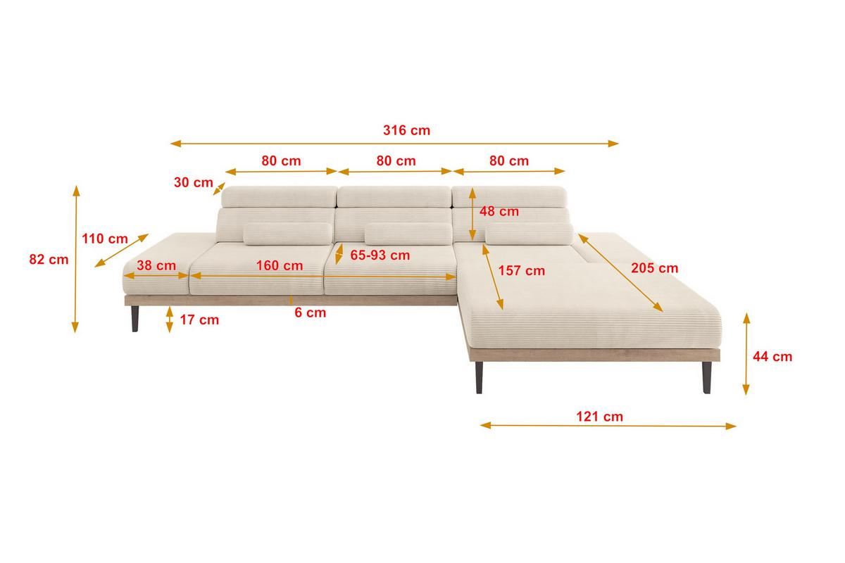 ELEKTRISCHES ECKSOFA Rechts MONA 316x205x85 Beige Cord - Sandfarben/Beige, Holzwerkstoff/Textil (316/205cm) - ALTDECOR