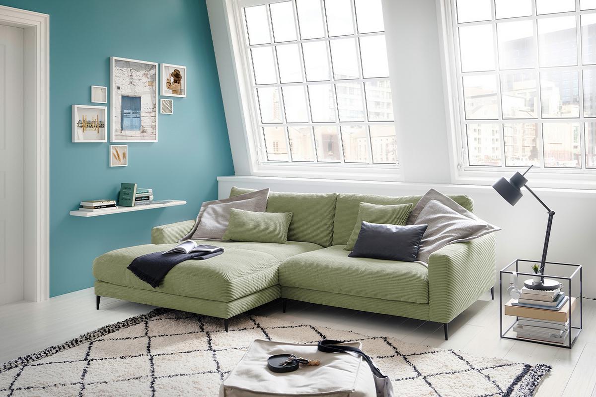 ECKSOFA CARA Grün Cord - Schwarz/Olivgrün, Textil/Metall (272/190cm) - KAWOLA