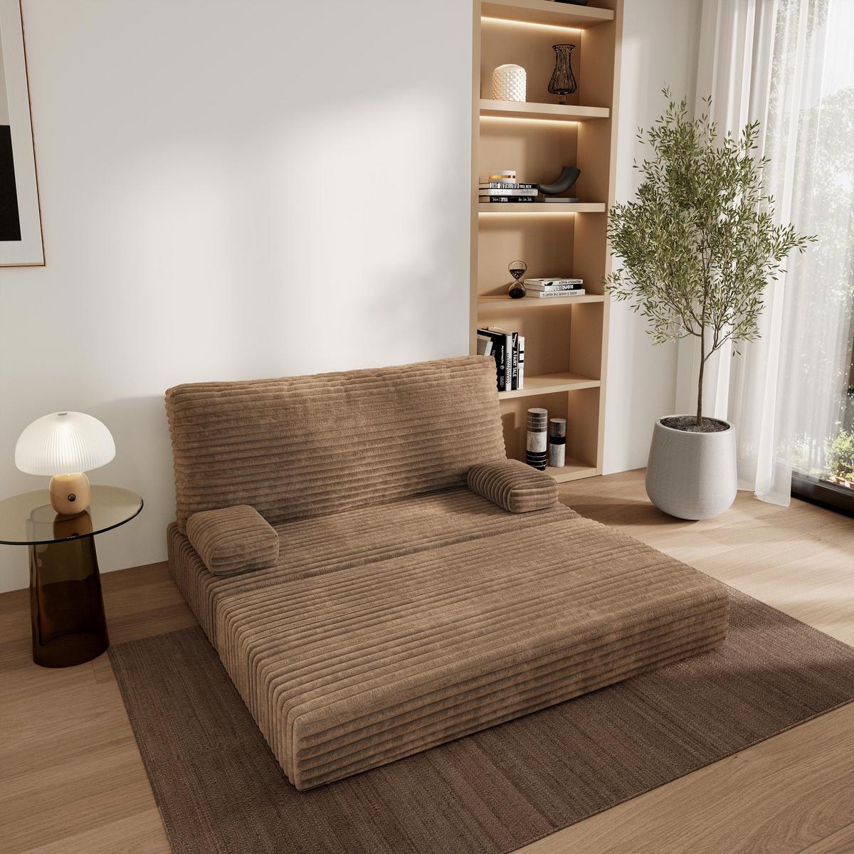 BETTSOFA LADIA aus Schaumstoff Kordstoff Beige Schlaffunktion - Beige, Textil (140/86/60cm) - MASSENO