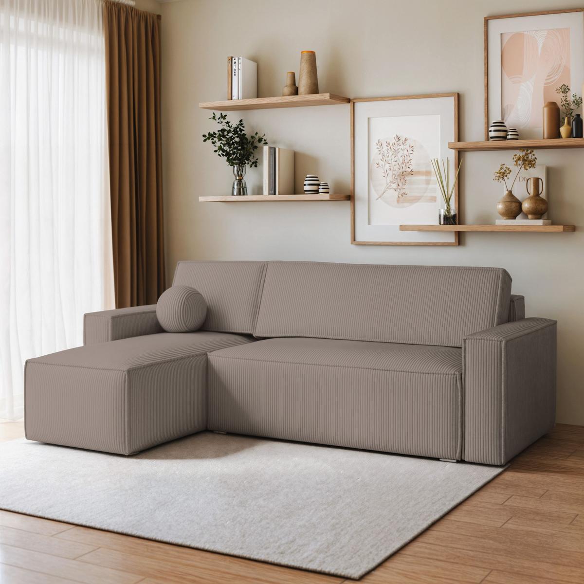 ECKSOFA RAVELO P Beige Kordstoff mit Schlaffunktion - Beige/Grau, Holz/Kunststoff (240/140cm) - MASSENO