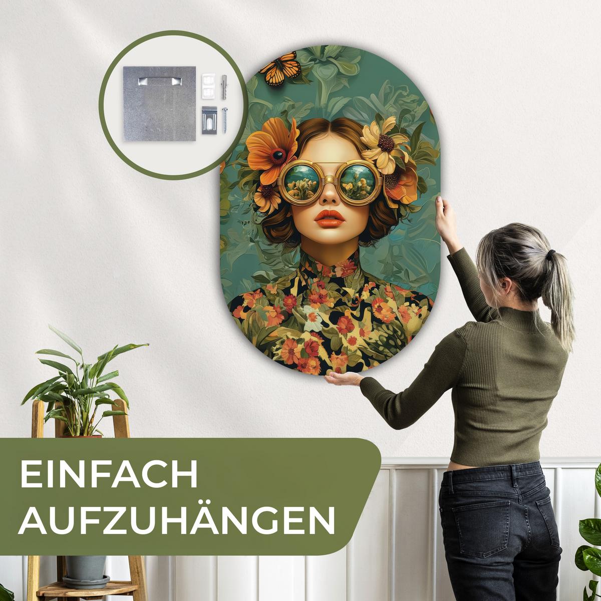 WANDBILD Frau - Blumen - Schmetterlinge - Natur - Vintage Deko Groß 80x120 cm - Petrol, Kunststoff (80/120cm) - MuchoWow