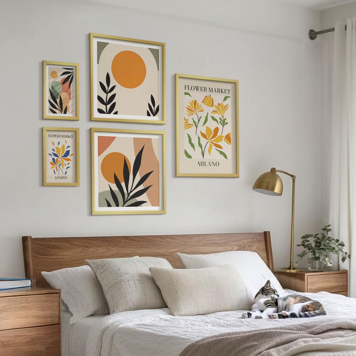 BILDER SET 5er Set - 50x50 cm & 20x30 cm & 40x60 cm Goldrahmen - Abstrakte geometrische Formen - Goldfarben, Kunststoff (40/60cm) - TULUP