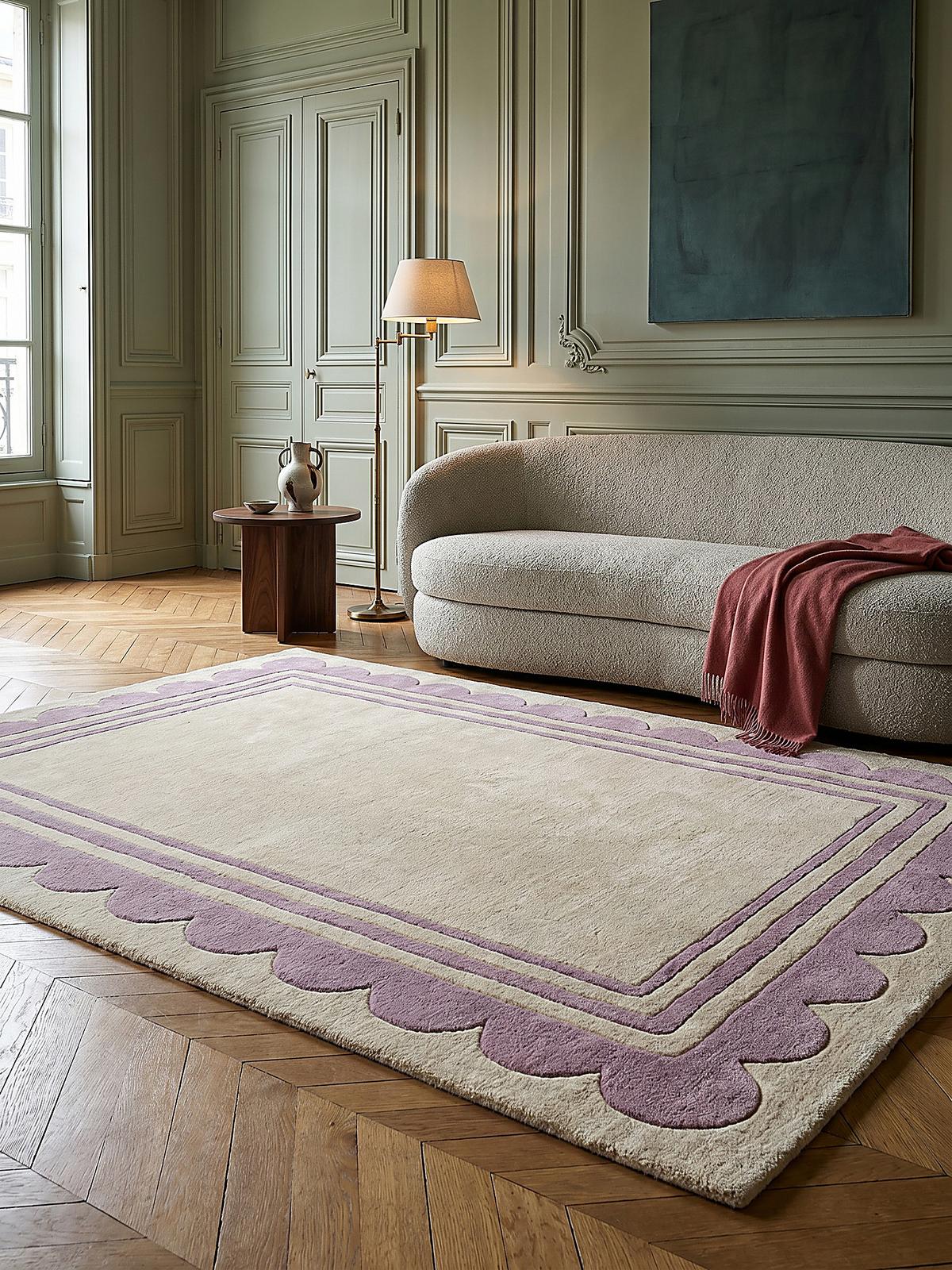 WOLLTEPPICH WENSUM, mit grafischem Muster mit Rahmen, Lila-Beige, 120 x 170 cm - Lila, Textil (170/120cm) - KADIMA DESIGN