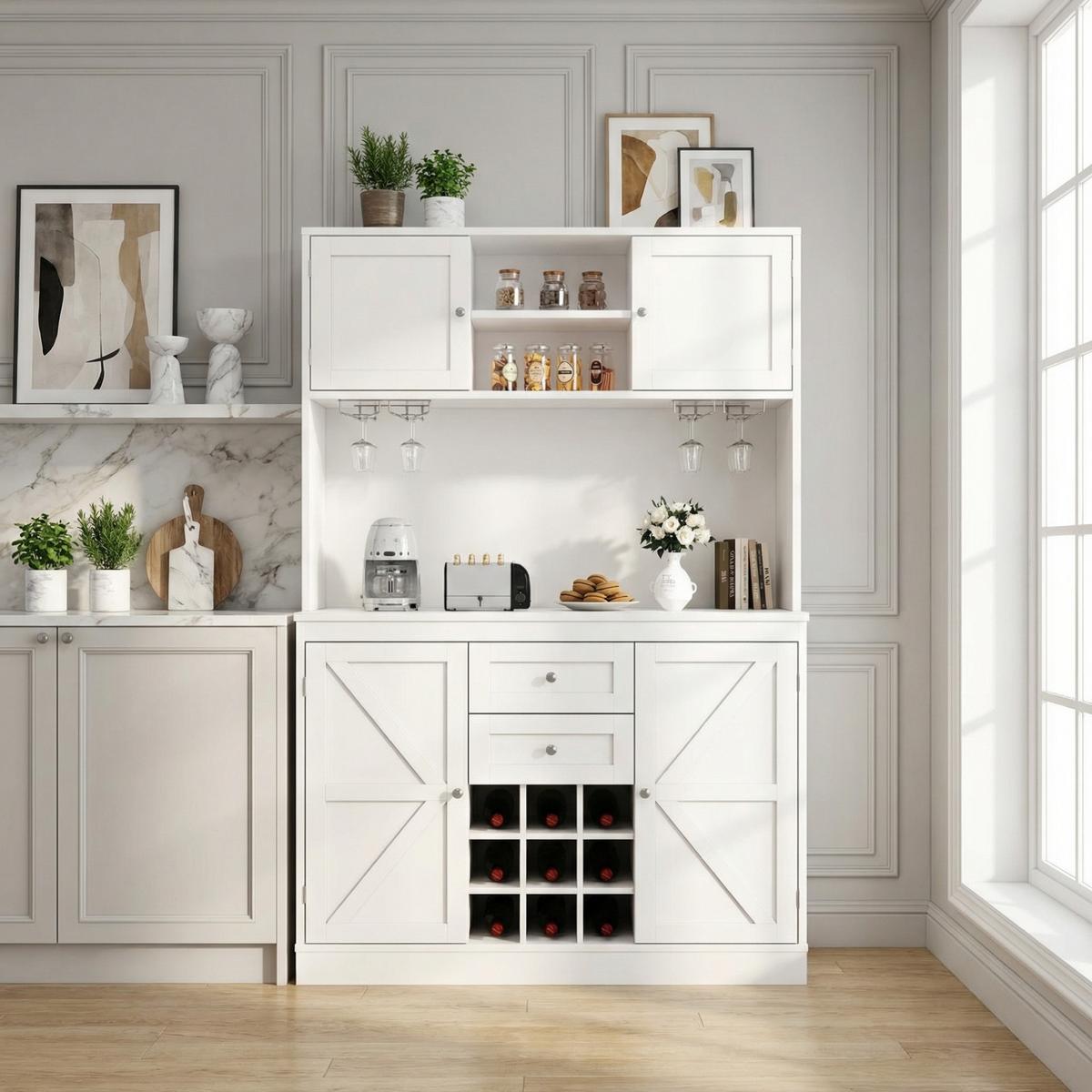HIGHBOARD in Weiß mit Weinregal, Glashalter & Mikrowellenfach - Weiß, Holzwerkstoff (106/179/40cm) - Urban Meuble