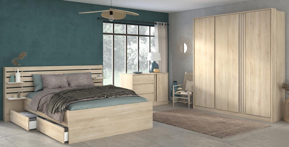 SCHLAFZIMMER komplett Set Stauraumbett 140x200 mit Kleiderschrank - Eichefarben, Holz/Holzwerkstoff (140/203/200cm) - Parisot Meuble