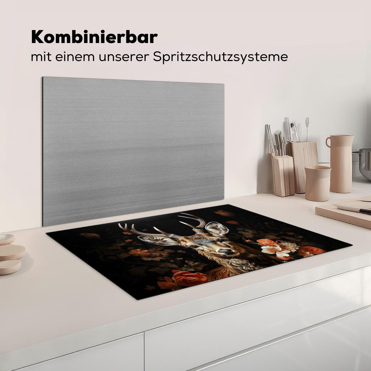 HERDABDECKPLATTE Hirsch - Tier - Blumen - Natur - Botanisch Ceranfeldabdeckung 76x51.5 cm - Kupferfarben, Kunststoff (76/51.5/0.2cm) - MuchoWow