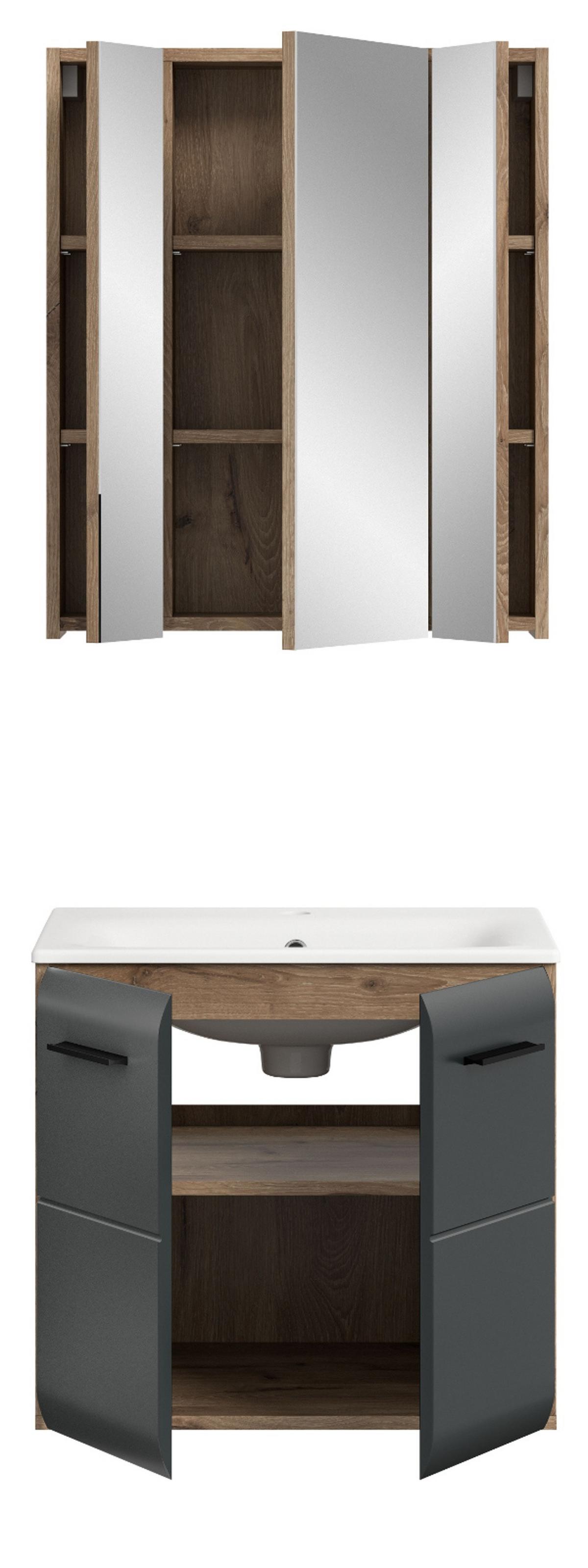 BADMÖBEL-SET 2-teilig Schwarz matt und Eiche Komplett-Set mit Waschbecken, 60 x 185 cm - Eichefarben/Schwarz, Glas/Holzwerkstoff (60/185/46cm) - Inn.Furn