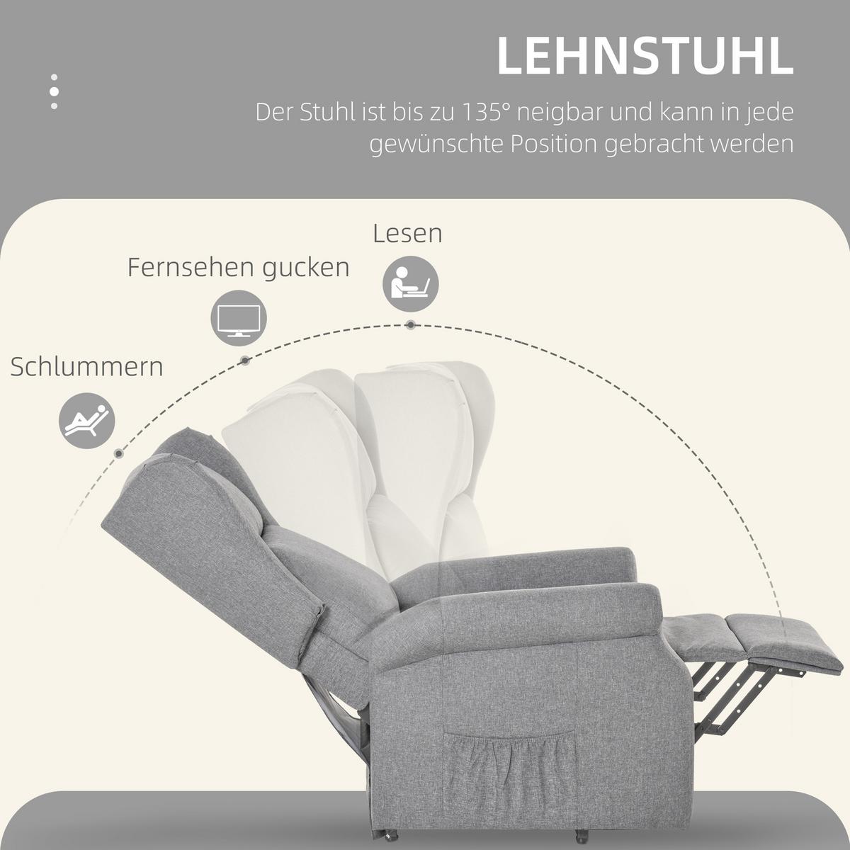 FERNSEHSESSEL mit Aufstehhilfe Leinen Grau - Schwarz/Grau, Holz/Textil (94/111/74cm) - HOMCOM