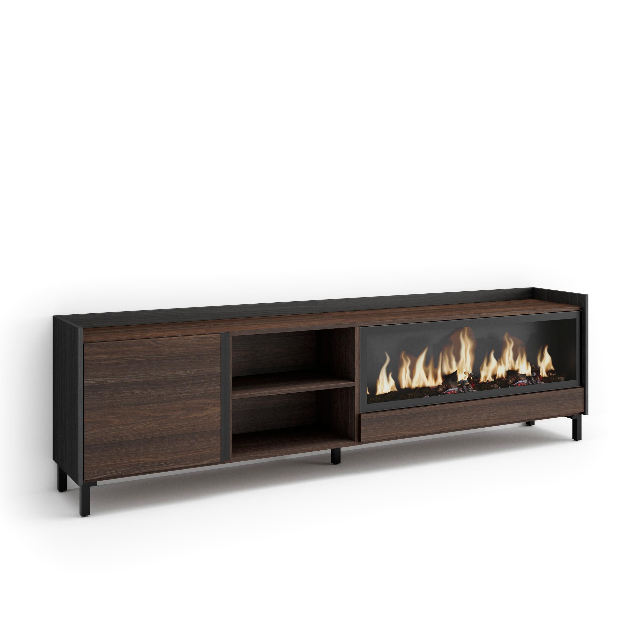 LOWBOARD, Eiche und Schwarz, 212/35/61cm, Kamin mit Feuereffekt XXL - Dunkelbraun, Holzwerkstoff (212/61/35cm) - Skraut Home