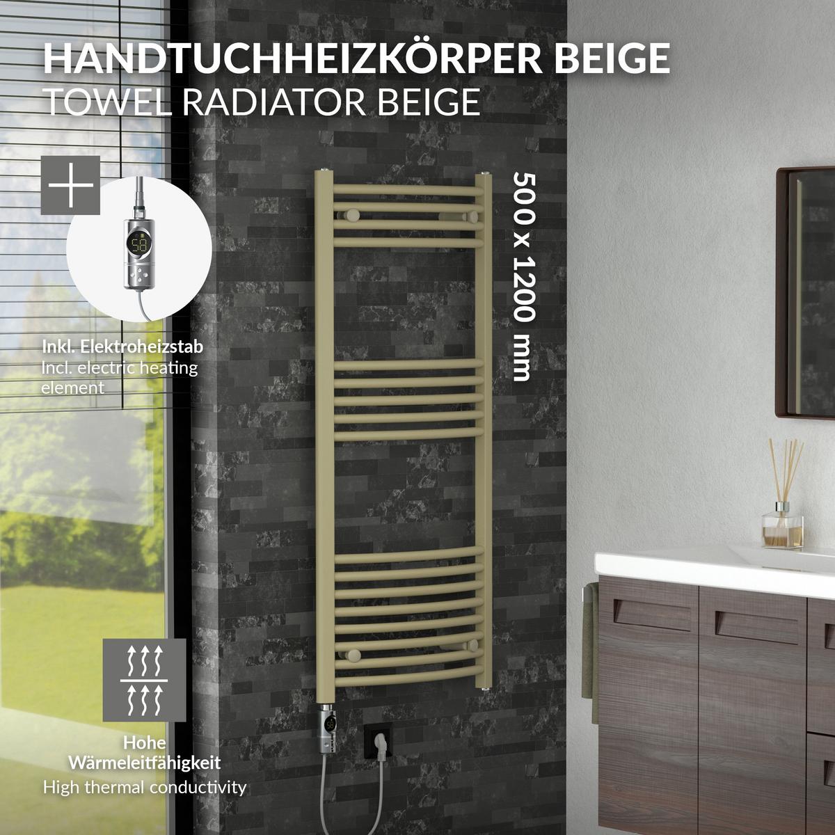 HANDTUCHHEIZKÖRPER elektrisch 500 x 1200 mm Beige Badheizkörper gebogen mit Seitenanschluss mit Heizstab 600W - Beige, Metall (50/120/3cm) - LuxeBath
