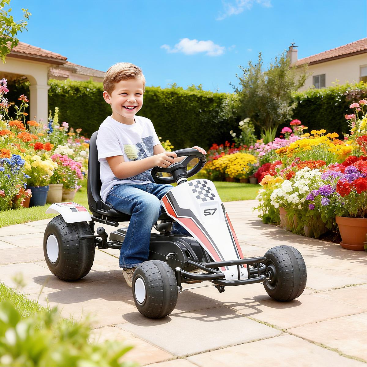 GO Kart Mit Pedal Kinderfahrzeug Tretauto mit Pedal für 3-6 Jahre Stahl Weiß - Weiß, Metall (104/66/57cm) - HOMCOM