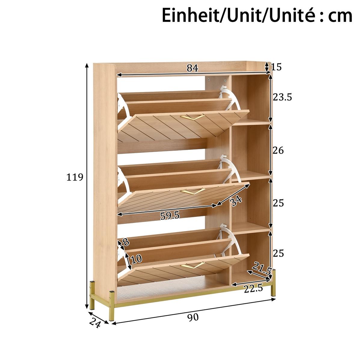 SCHUHSCHRANK eichen-optik mit 3 klappfächern & seitenregal - Naturfarben, Holzwerkstoff (90/119/24cm) - Urban Meuble
