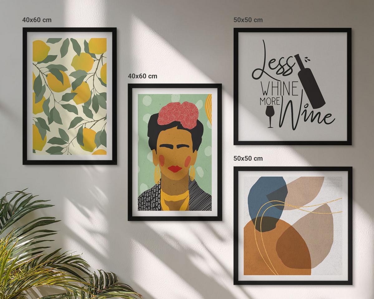 BILDER SET 4er Set - 50x50 cm & 40x60 cm Schwarzer Rahmen - Zitronenweinporträt von Frida - Schwarz, Kunststoff (50/50cm) - TULUP
