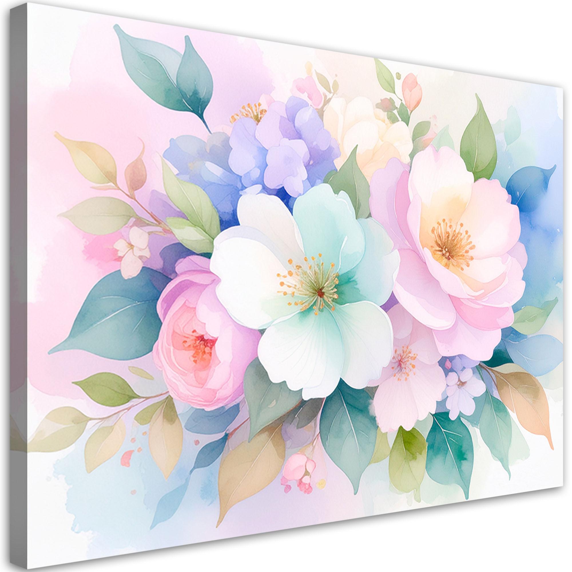 LEINWANDBILD Zarte bunte Blumen Aquarell 90x60cm - Multicolor, Textil (90/60cm) - Feeby