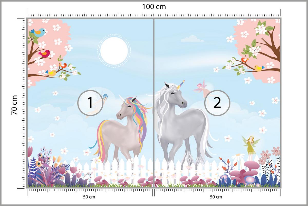 FOTOTAPETE für Kinderzimmer Einhörner Wiese Vögel Bäume Blumen 100x70 - Multicolor, Papier (100/70cm) - Muralo