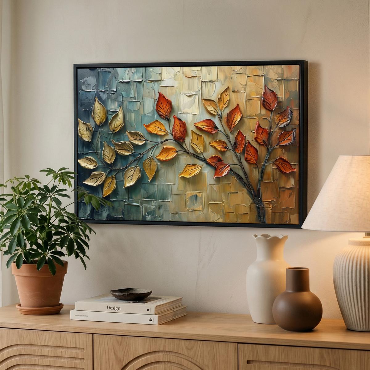 LEINWAND Bilder mit Rahmen - Baum - Abstrakt - Natur - Kunst - 60x40 - Goldfarben, Textil (60/40cm) - MuchoWow