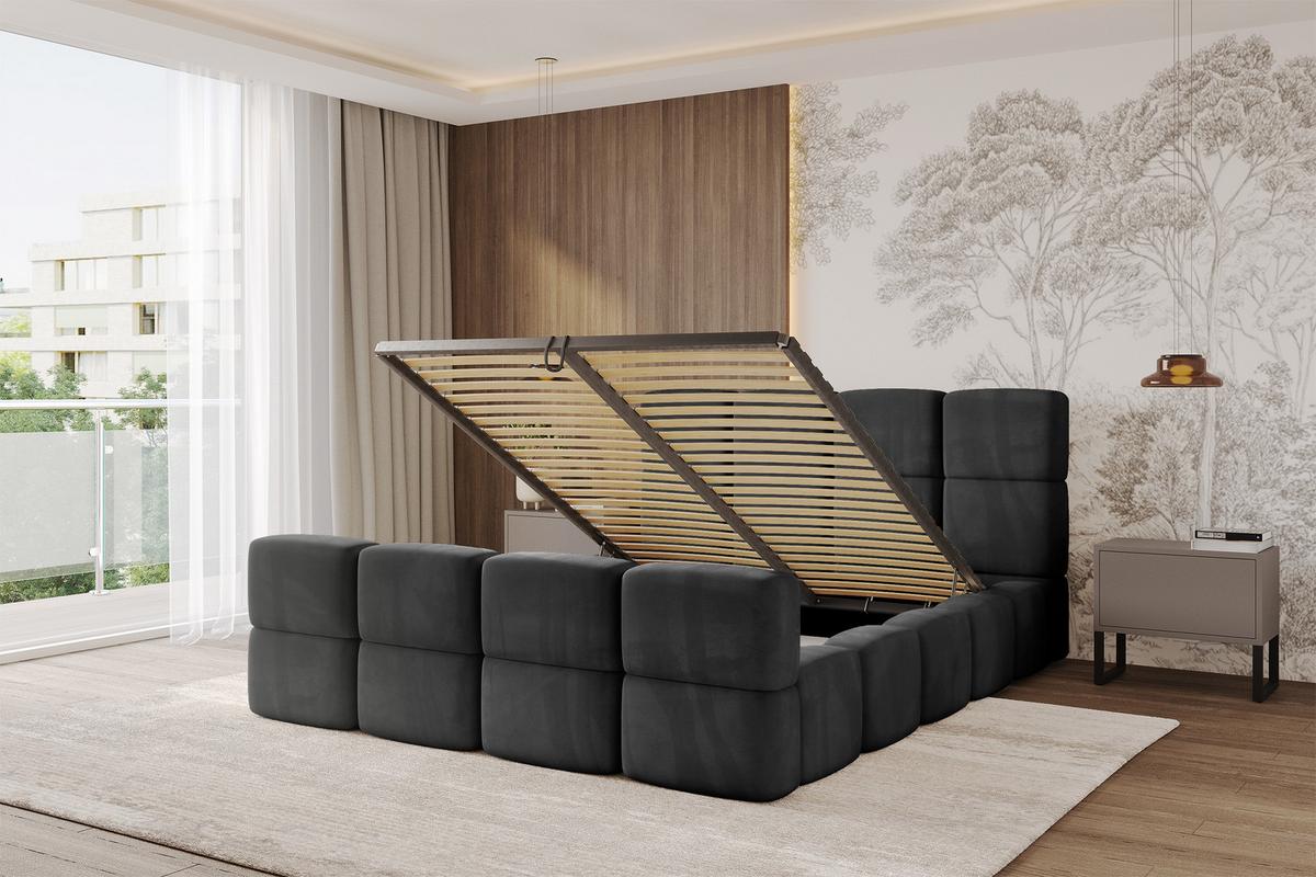 POLSTERBETT mit Bettkasten und Lattenrost, Bett mit Kopfteil, Boxbett ohne Matratze, Doppelbett mit Stauraum - NATA-Z 200x200 Schwarz - Schwarz Hochglanz, Holzwerkstoff/Textil (200/200cm) - ALTDECOR