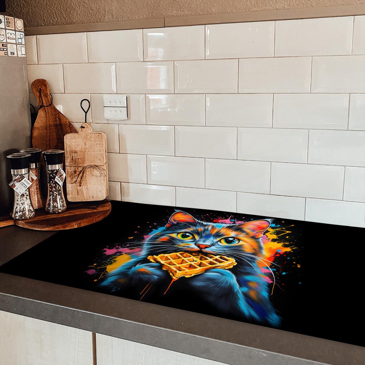 HERDABDECKPLATTE Katze - Graffiti - Bunt - Waffel - Essen Induktionsschutz 91.2x52 cm - Multicolor, Kunststoff (91.2/52/0.2cm) - MuchoWow