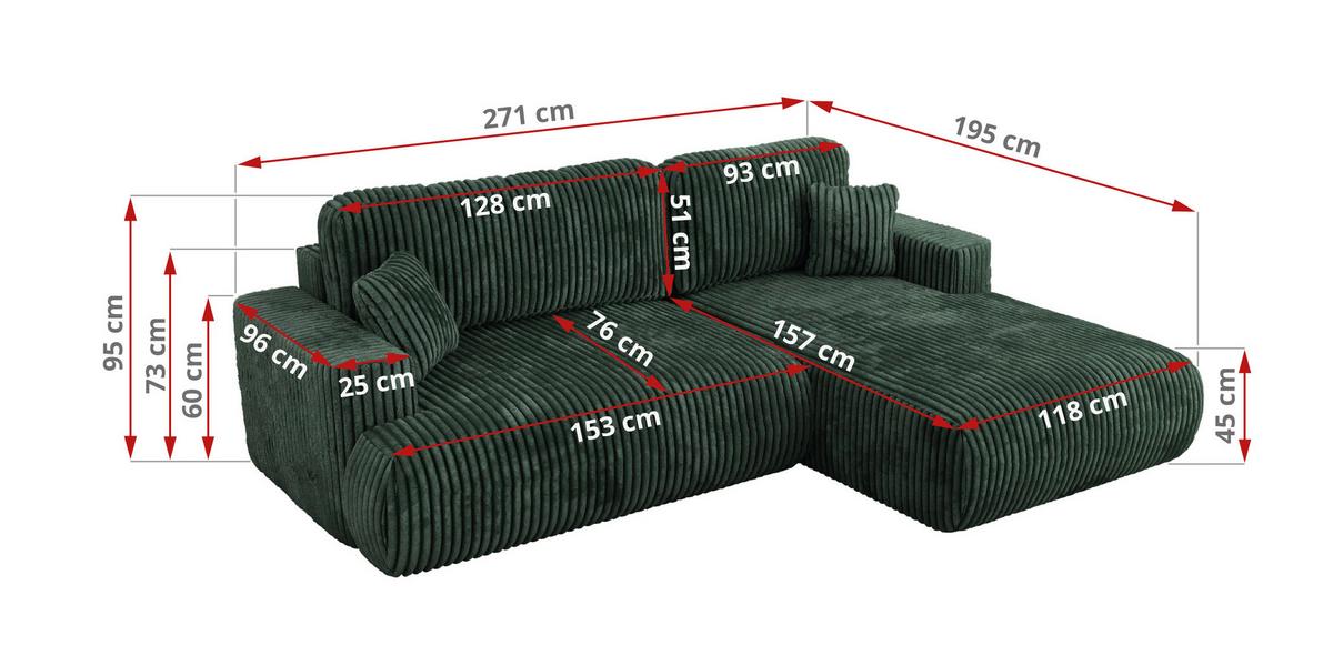 ECKSOFA OVO L Grün Cord - Rechts Seite - Schwarz/Grün, Kunststoff/Textil (195/271cm) - MKS
