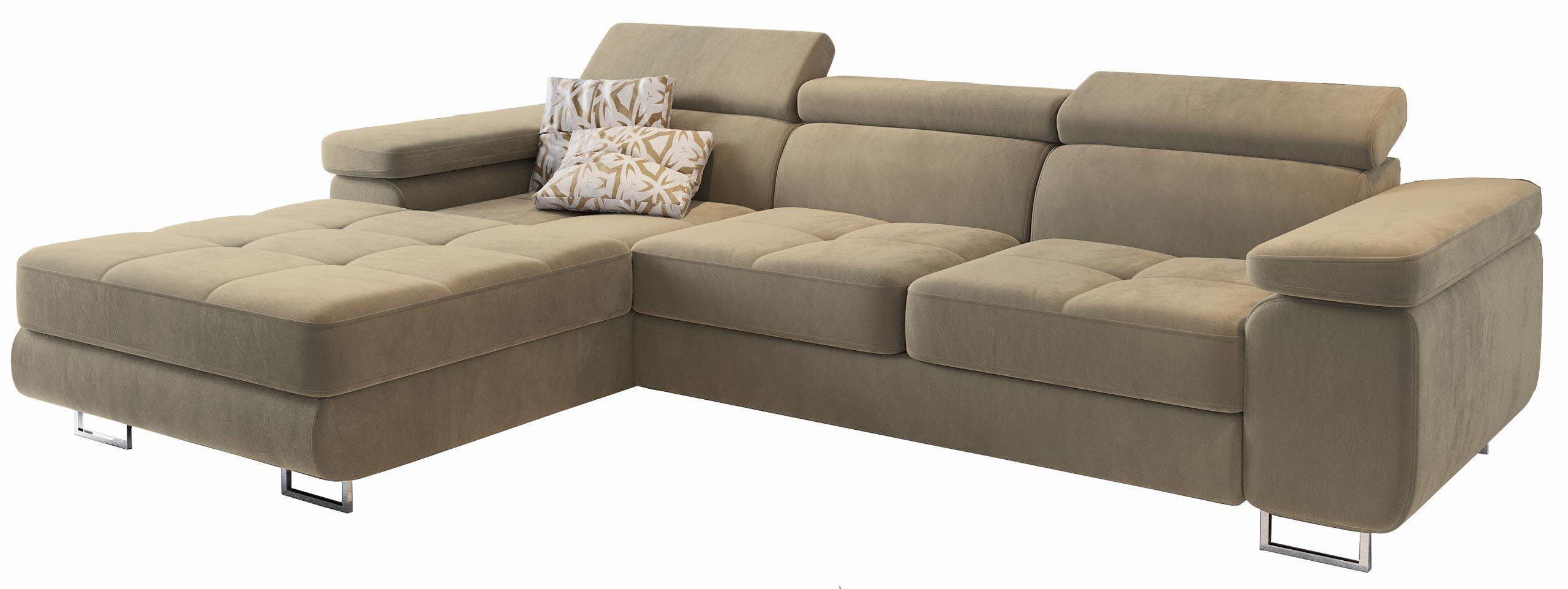 ECKSOFA ELMA L-S Creme Velours-Stoff mit Schlaffunktion - Silberfarben/Creme, Holz/Textil (280/205cm) - MASSENO