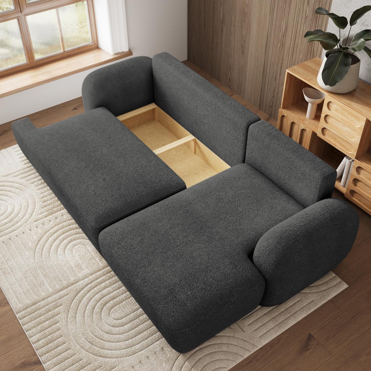 ECKSOFA MODENZA N R-S Grau Boucle-Stoff mit Schlaffunktion - Schwarz/Grau, Holz/Kunststoff (266/148cm) - MASSENO