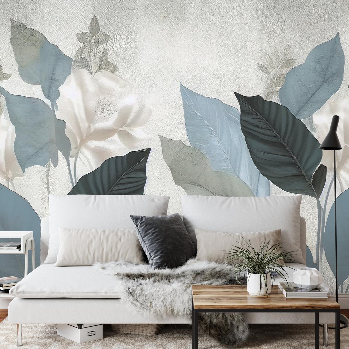FOTOTAPETE für Wohnzimmer Blaue Blätter Beton Vintage Minimalistisch 450x315 - Grau, Papier (450/315cm) - Muralo
