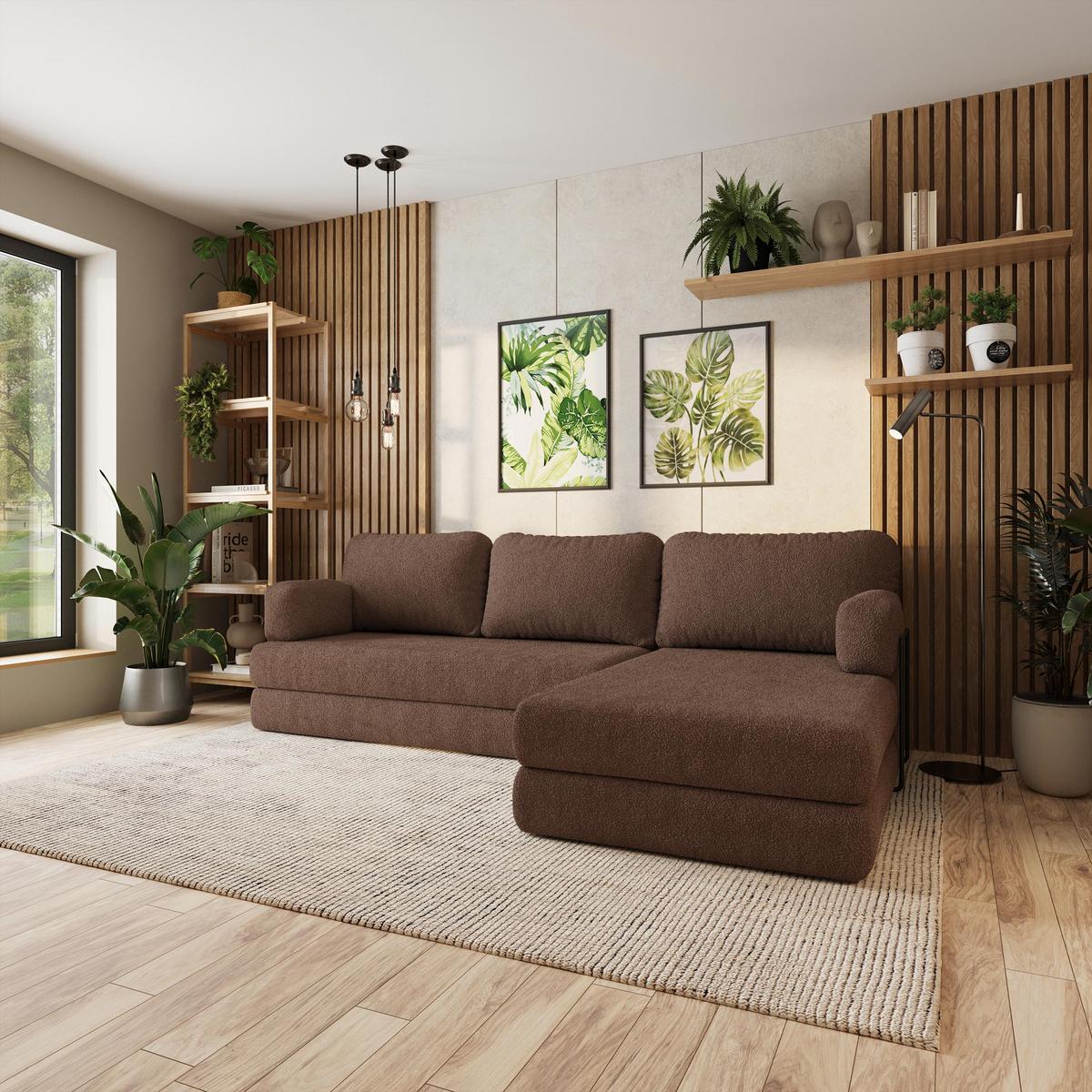ECKSOFA LEA modulares Boneless Sofa mit Schlaffunktion Braun Boucle-Stoff - Braun, Textil (270/160cm) - MASSENO