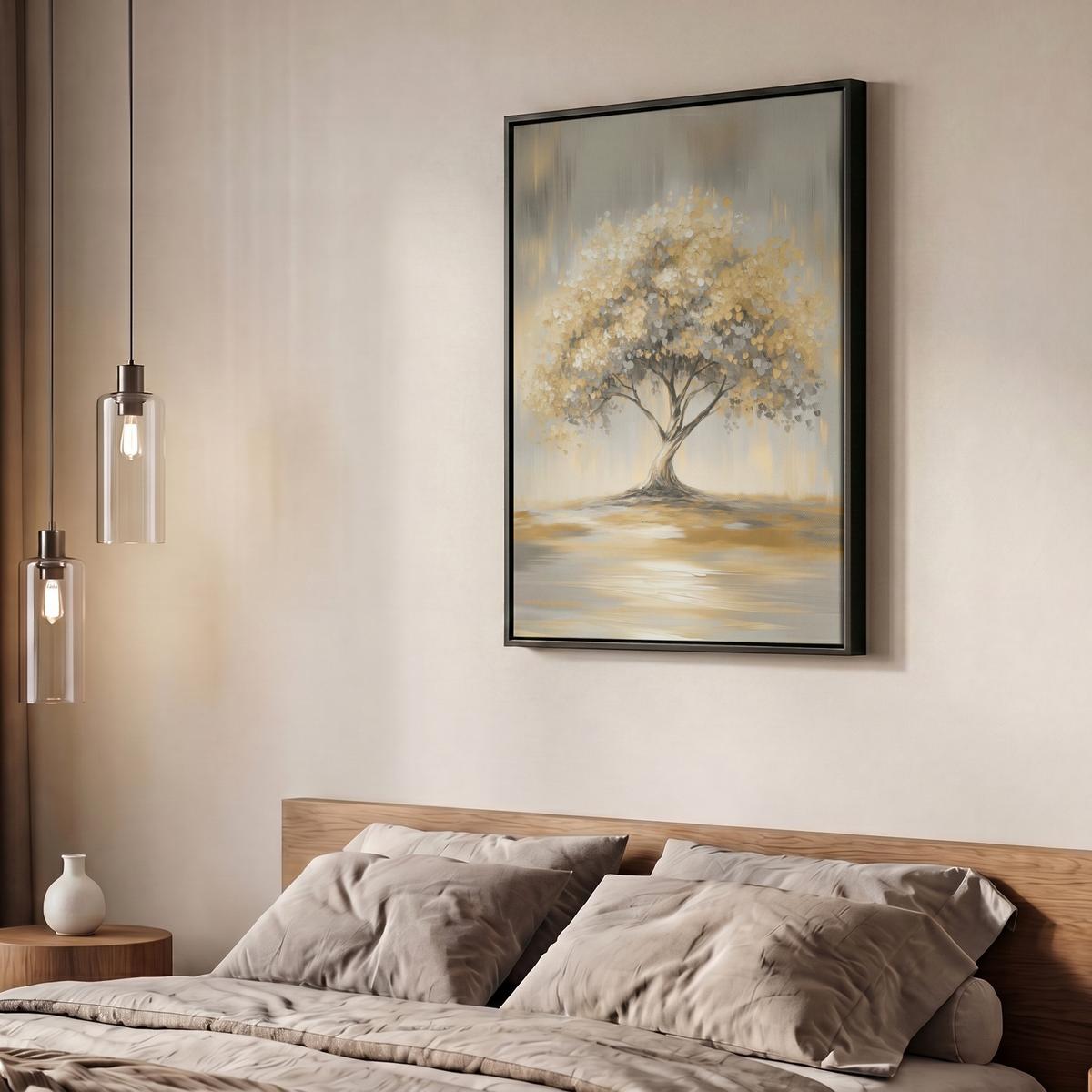 LEINWAND Bilder mit Rahmen - Gemälde - Baum - Abstrakt - Blätter - 50x70 - Beige, Textil (50/70cm) - MuchoWow