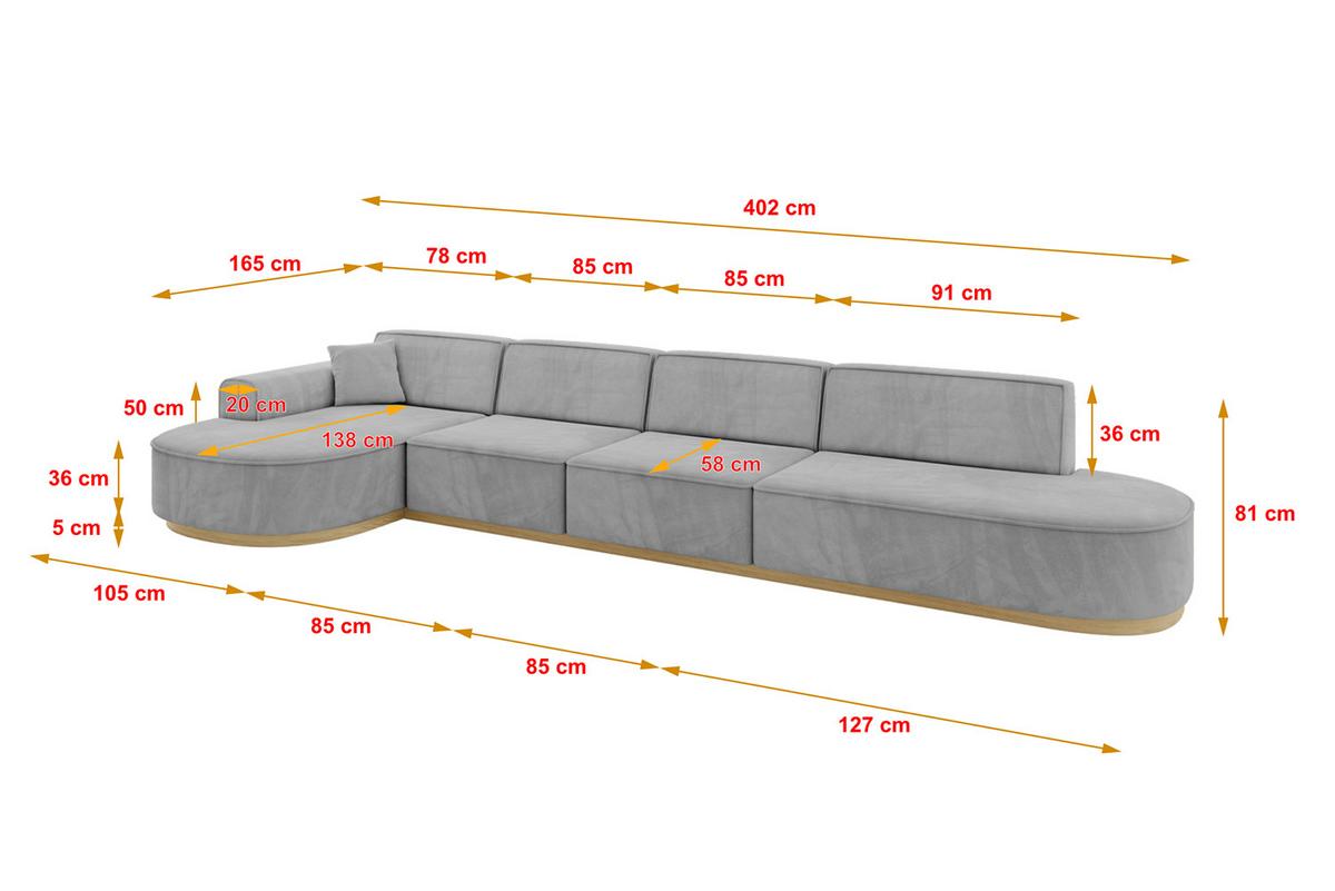 ECKSOFA Ottomane Links MARI-L3-v2 - 413x171x83 cm Grau Velours - Grau, Holzwerkstoff/Textil (413/171cm) - ALTDECOR