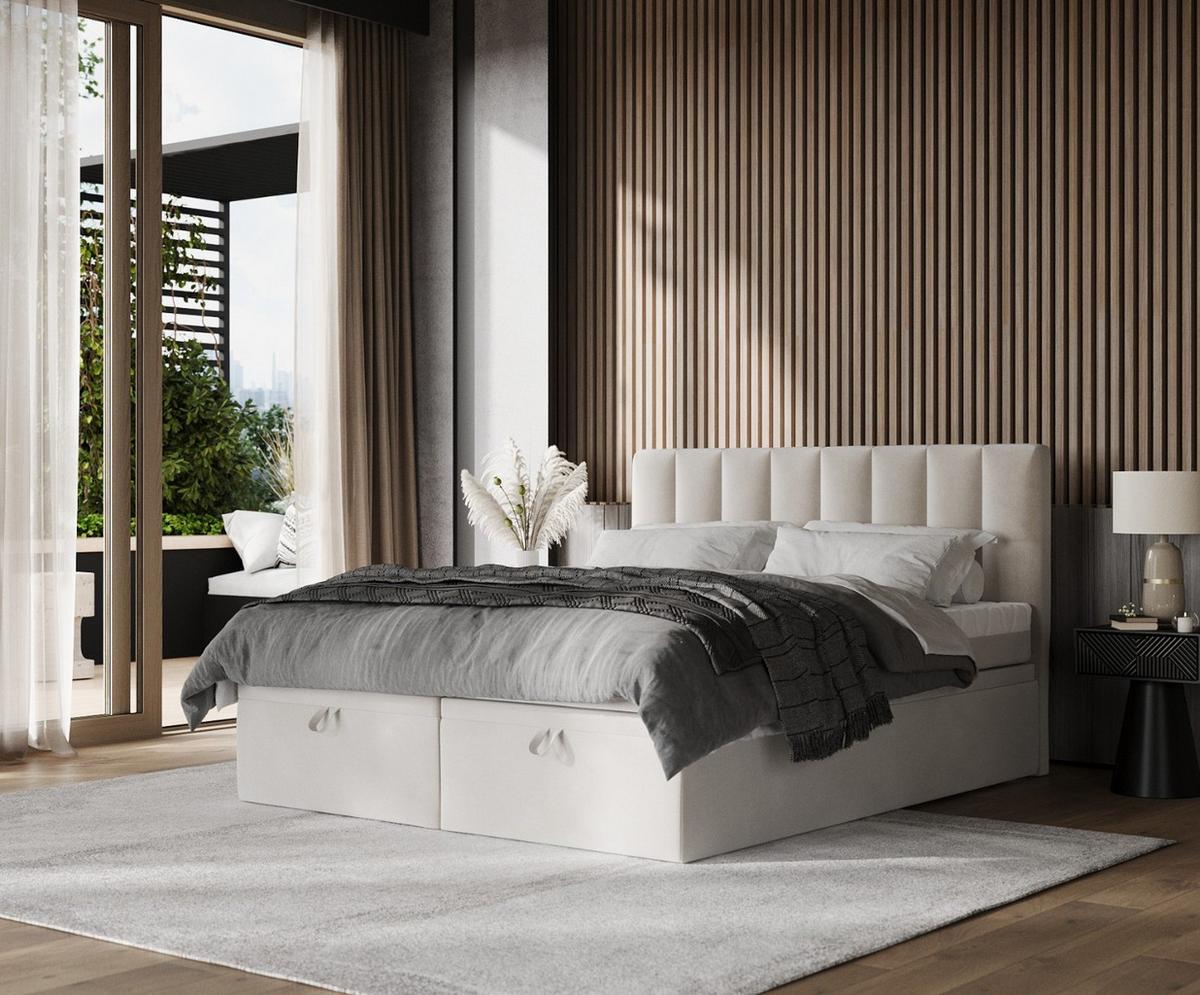 BOXBETT Lume 180/200 cm Hellbeige im Paros Stoff - Beige/Schwarz, Holz/Holzwerkstoff (180/200cm) - AltaBeds