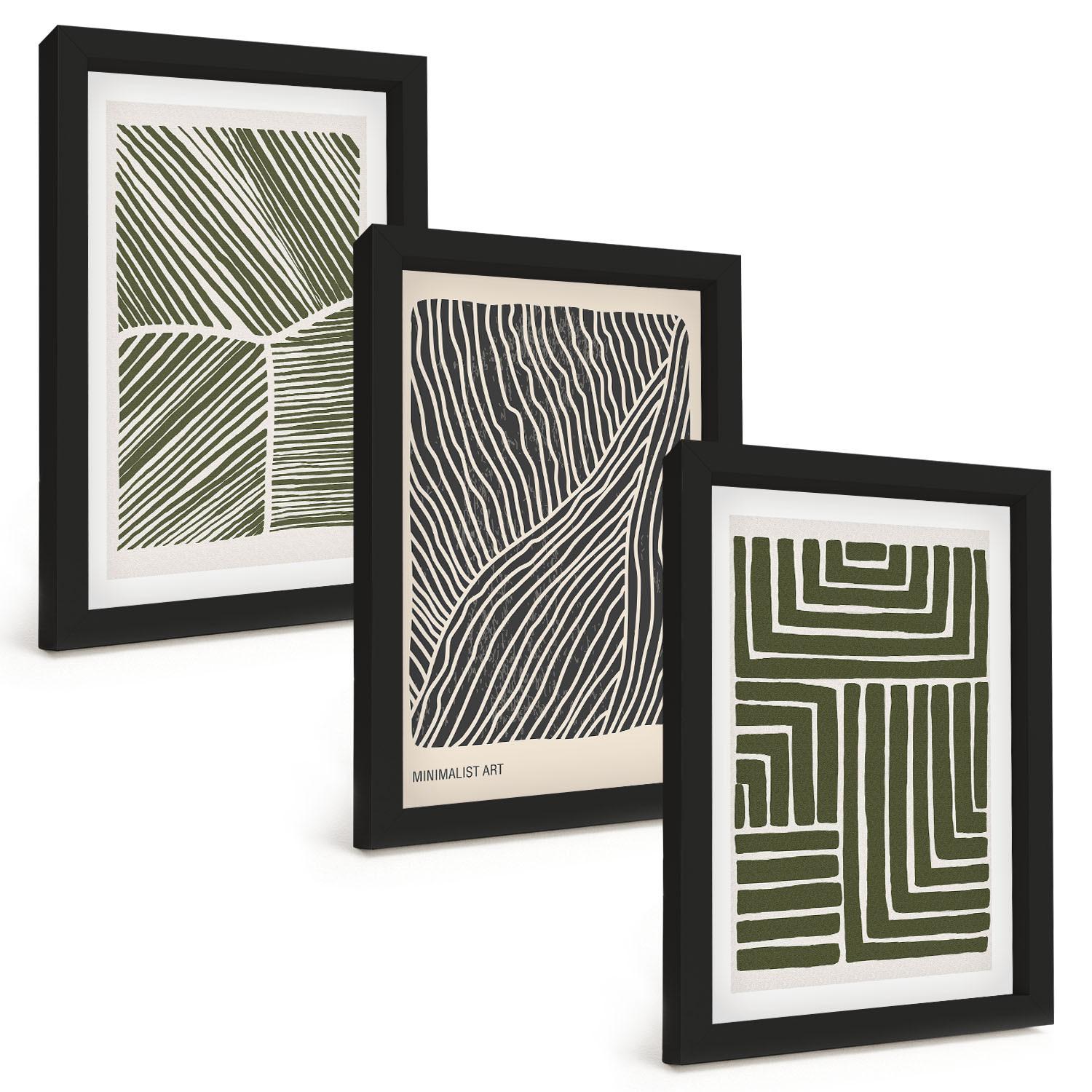 BILDER SET 3er Set - 20x30 cm Schwarzer Rahmen - Muster Linien Formen grün - Schwarz, Kunststoff (20/30cm) - TULUP