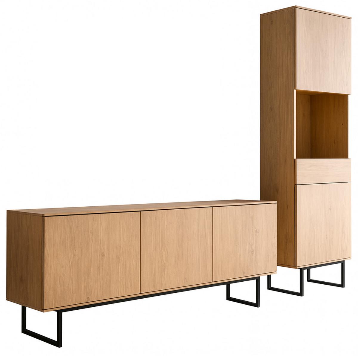 WOHNWAND Stone Eiche, Wohnkombination 2-teilig 220 cm, mit Push-to-Open - Eichefarben/Schwarz, Holzwerkstoff/Metall (220/200/40cm) - Furn.Design