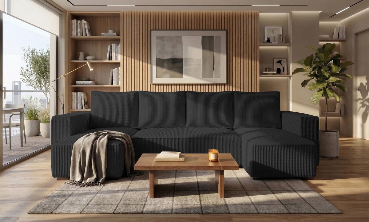 WOHNLANDSCHAFT CUDDY U mit Schlaffunktion und Bettkasten, Farbe: Schwarz, Cordstoff - Schwarz, Textil (305/85/140cm) - Storez24