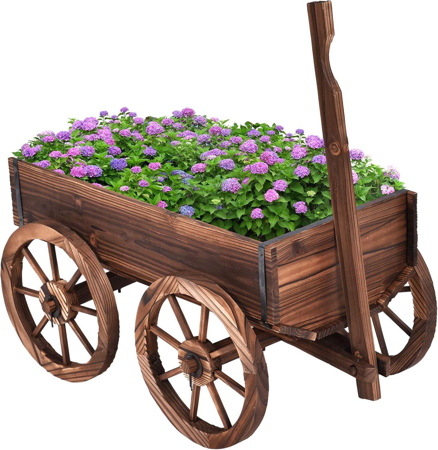 BLUMENWAGEN Holz, Pflanzwagen 4 Rädern Braun - Braun, Holz (120/54/43cm) - COSTWAY