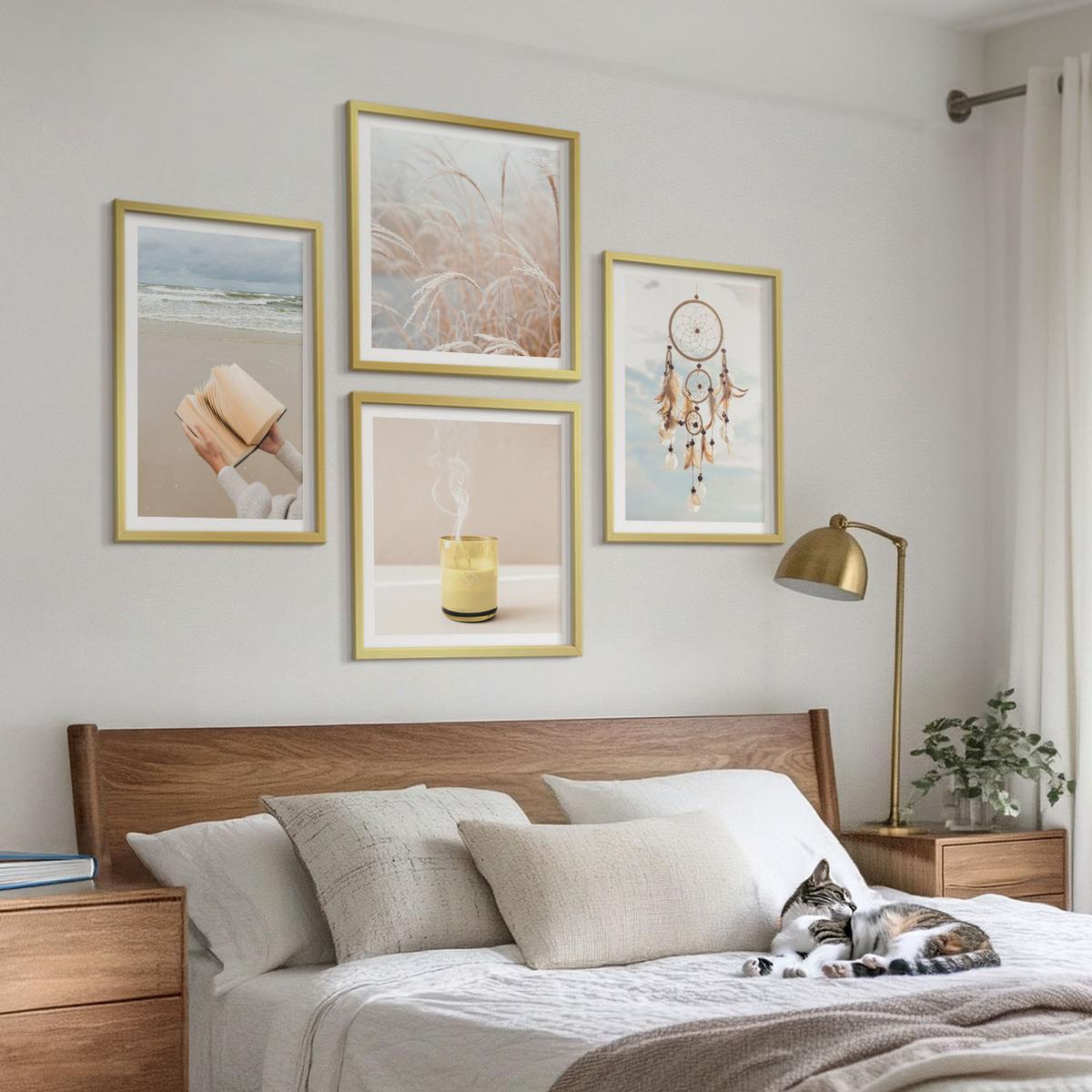BILDER SET 4er Set - 50x50 cm & 40x60 cm Goldrahmen - Sommerlandschaften im Boho-Stil - Goldfarben, Kunststoff (50/50cm) - TULUP