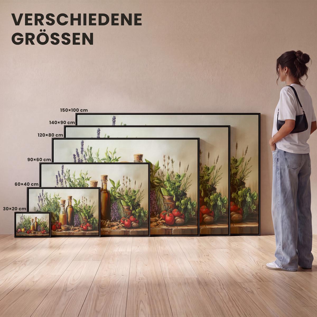 LEINWAND Bilder mit Rahmen - Stilleben - Kräuter - Gewürze - Früchte - Farbenfroh - 150x100 - Grün, Textil (150/100cm) - MuchoWow