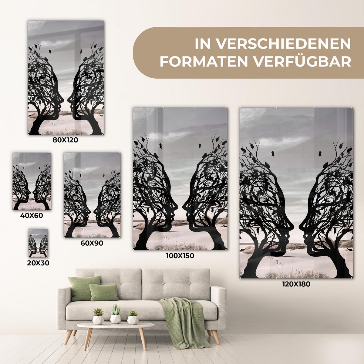 ACRYLGLASBILD Strand - Meer - Menschen - Baum - Moderne Kunst 80x120 cm - Hellgrau, Glas (80/120cm) - MuchoWow
