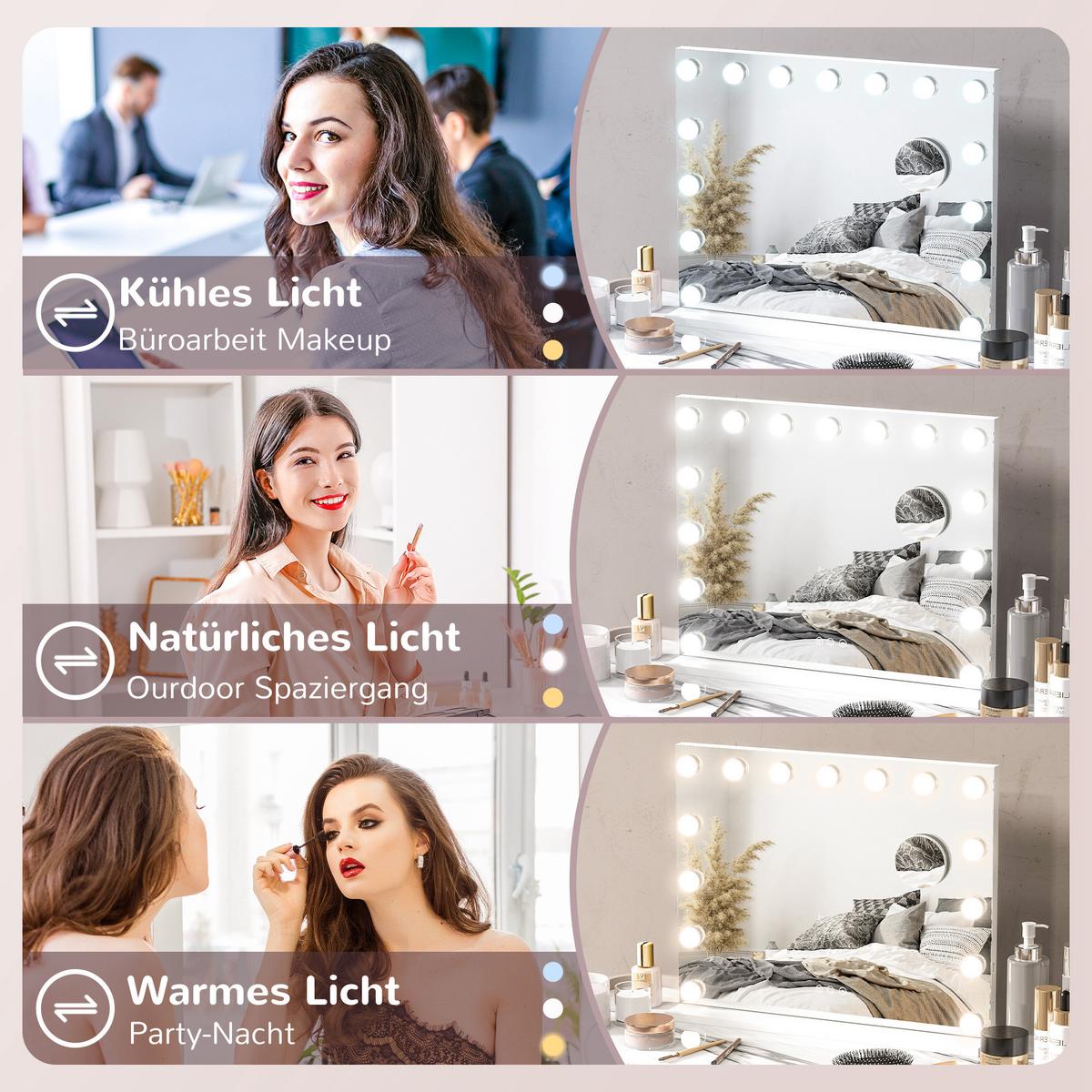 HOLLYWOOD Spiegel mit Beleuchtung, Dimmbar Schminkspiegel mit 15 LED Licht - Weiß, Glas (14/48/58cm) - HOMCOM