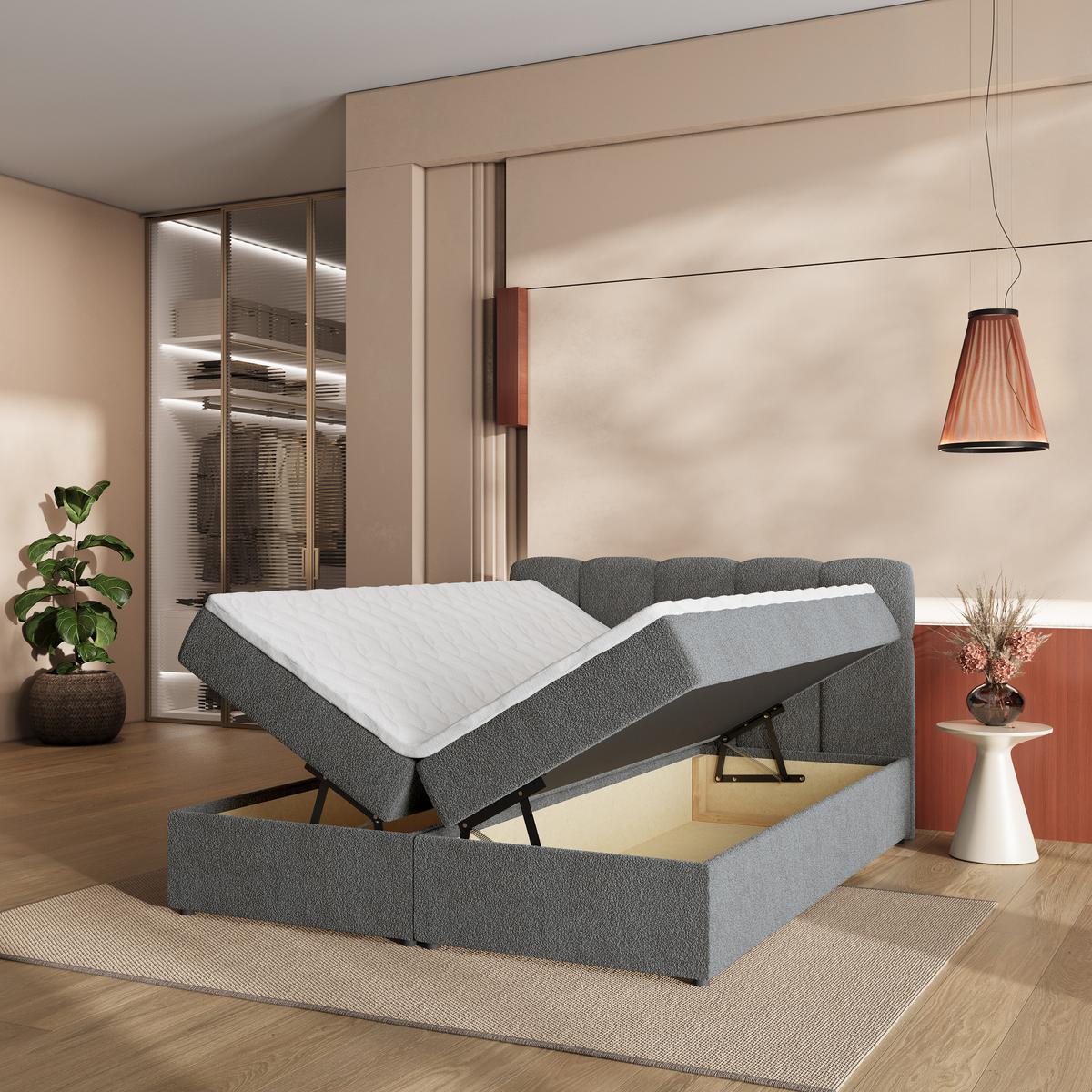 BOXBETT MERU 160x200 cm mit Matratze und Topper - Grau - Grau, Holz (160/200cm) - MASSENO
