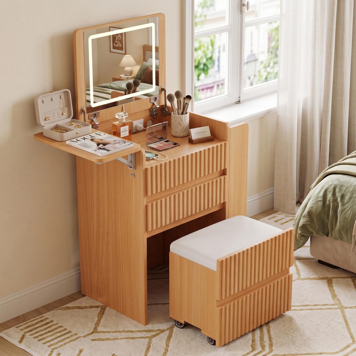 SCHMINKTISCH mit Hocker Naturholzoptik mit LED-Klappspiegel, Ladestation - Naturfarben, Holzwerkstoff (79/120/40cm) - Urban Meuble