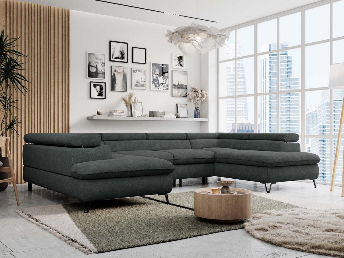 WOHNLANDSCHAFT PETER U Struktur Dunkelgrau - Dunkelgrau/Schwarz, Textil/Metall (346/76/208cm) - MKS