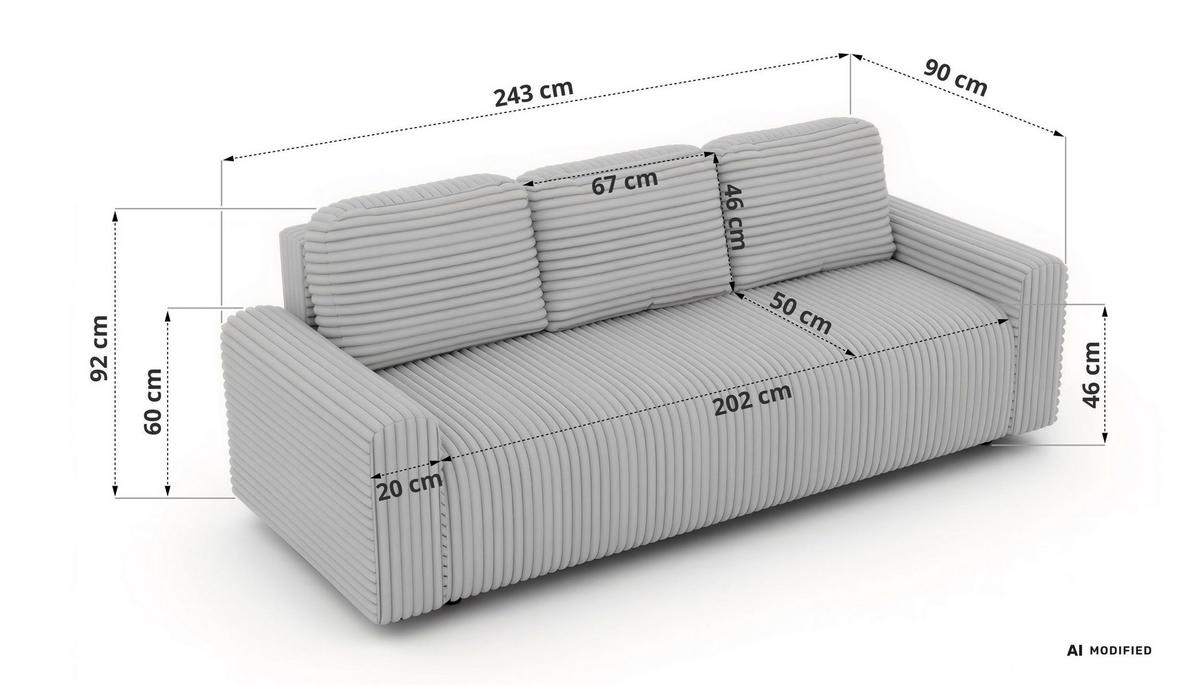 3-SITZER-SOFA NESSARO - Grau Cord - Schwarz/Grau, Kunststoff/Textil (243/92/90cm) - MKS