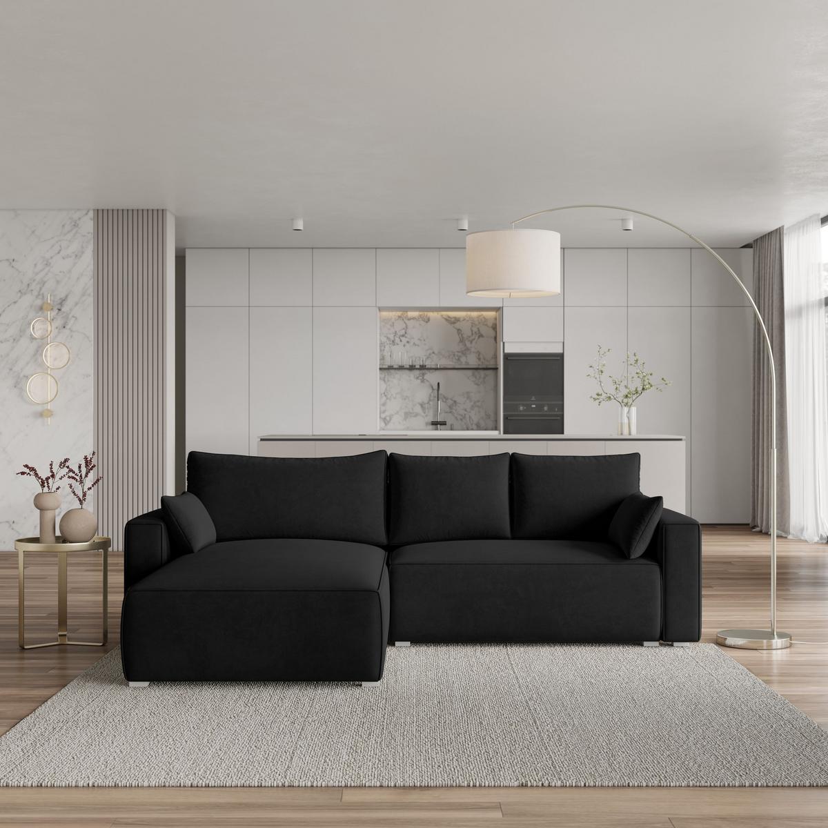 ECKSOFA FORIL Schwarz Velours-Stoff mit Schlaffunktion - Schwarz/Grau, Holz/Kunststoff (265/178cm) - MASSENO