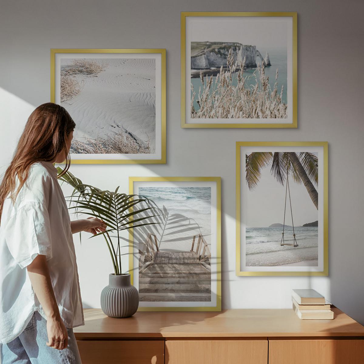 BILDER SET 4er Set - 50x50 cm & 40x60 cm Goldrahmen - Strandtreppe Schaukel Meer - Goldfarben, Kunststoff (50/50cm) - TULUP