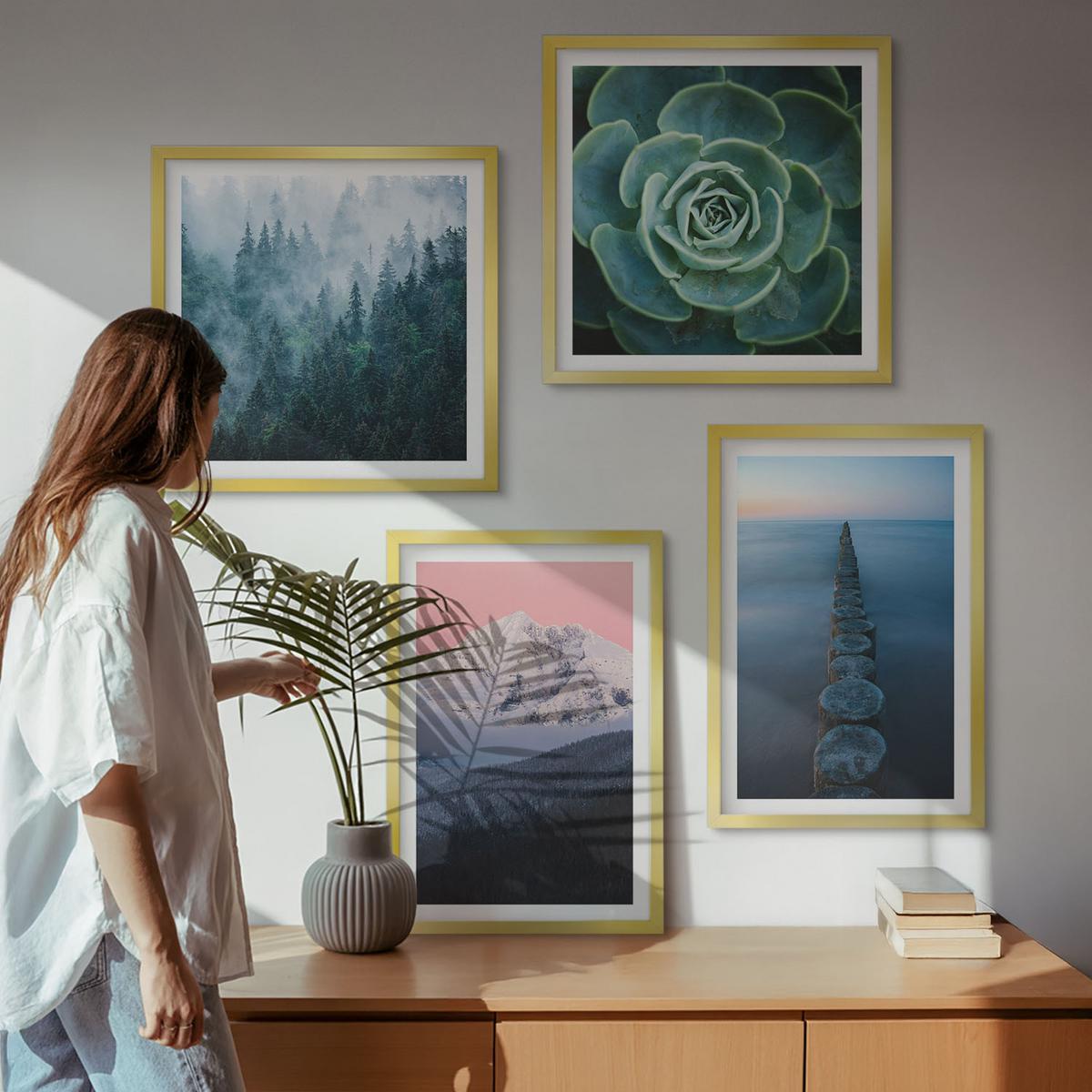 BILDER SET 4er Set - 50x50 cm & 40x60 cm Goldrahmen - Berge, rosa Himmel, Wasser, Sukkulente - Goldfarben, Kunststoff (50/50cm) - TULUP