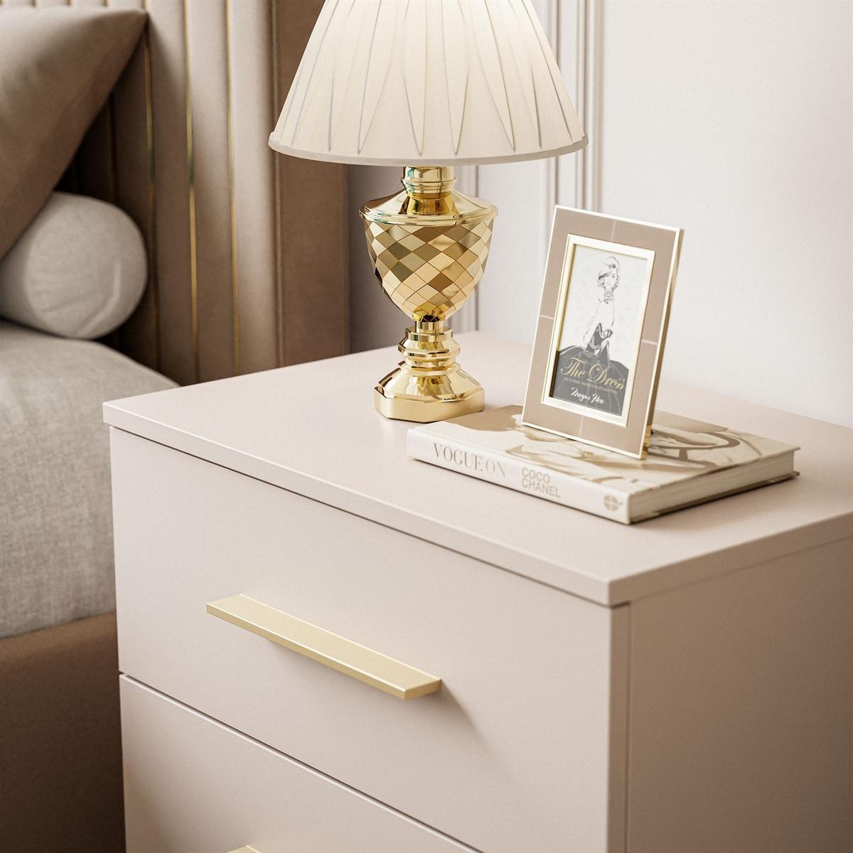 NACHTTISCH LINA KASCHMIR mit LED-Beleuchtung, goldenen Beinen und Griffen - Kaschmir/Goldfarben, Holzwerkstoff (55/52/37cm) - Lookway