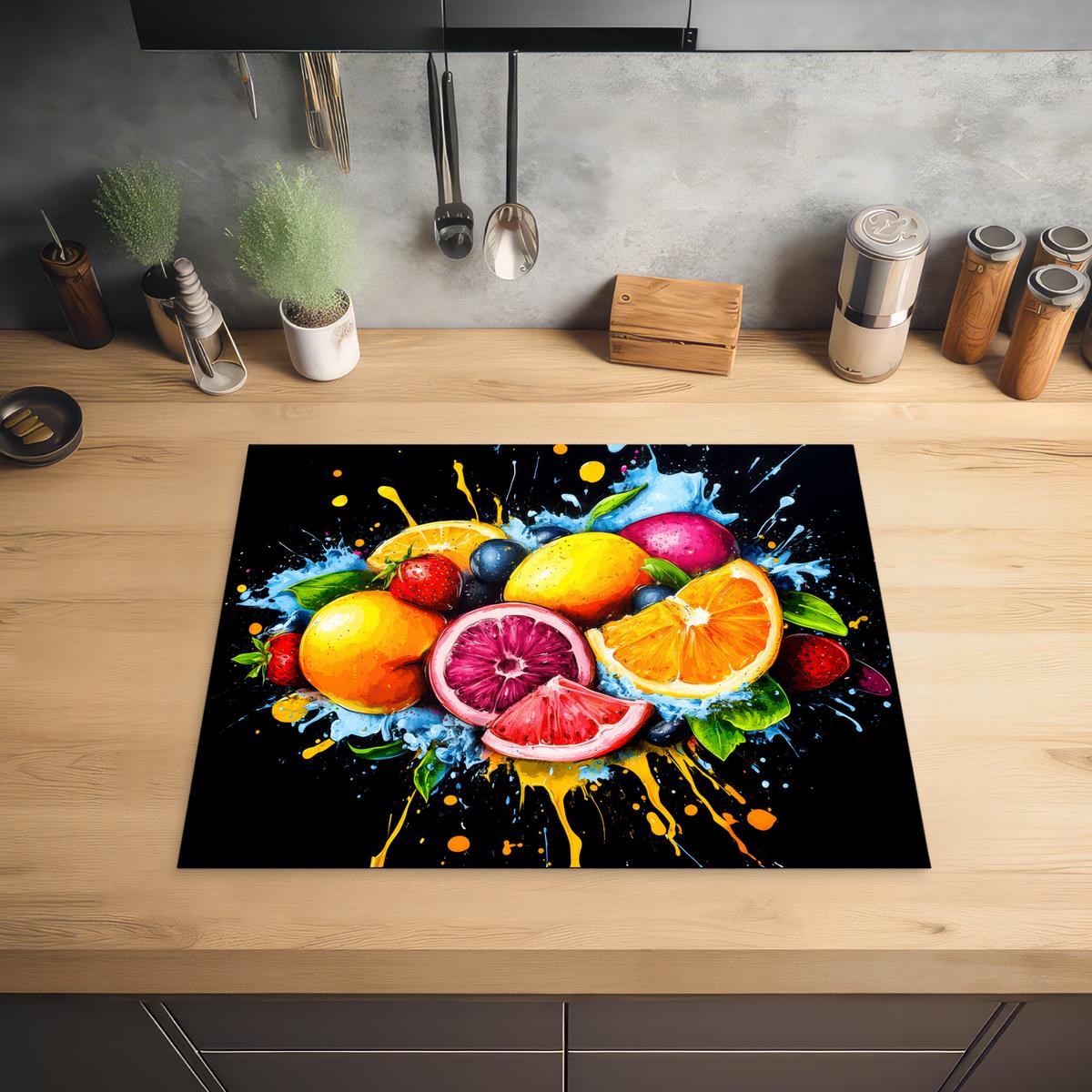 HERDABDECKPLATTE Obst - Graffiti - Bunt - Orange - Erdbeere - Abstrakt Herdabdeckung Induktionsfeld 65x52 cm - Orange, Kunststoff (65/52/0.2cm) - MuchoWow