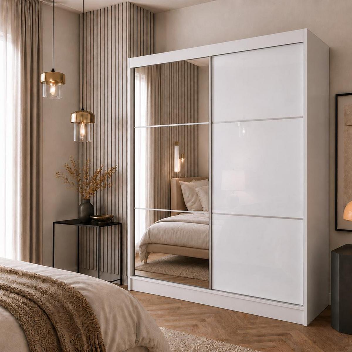 SCHWEBETÜRENSCHRANK Viva II 200/216/61 weiß mit Spiegel und Schubladen - Weiß, Holzwerkstoff (200/216/61cm) - Beautysofa