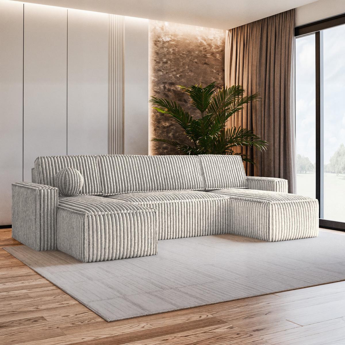 WOHNLANDSCHAFT PESANO T Hellgrau Kordstoff mit Schlaffunktion - Champagner/Grau, Holz/Kunststoff (306/85/140cm) - MASSENO