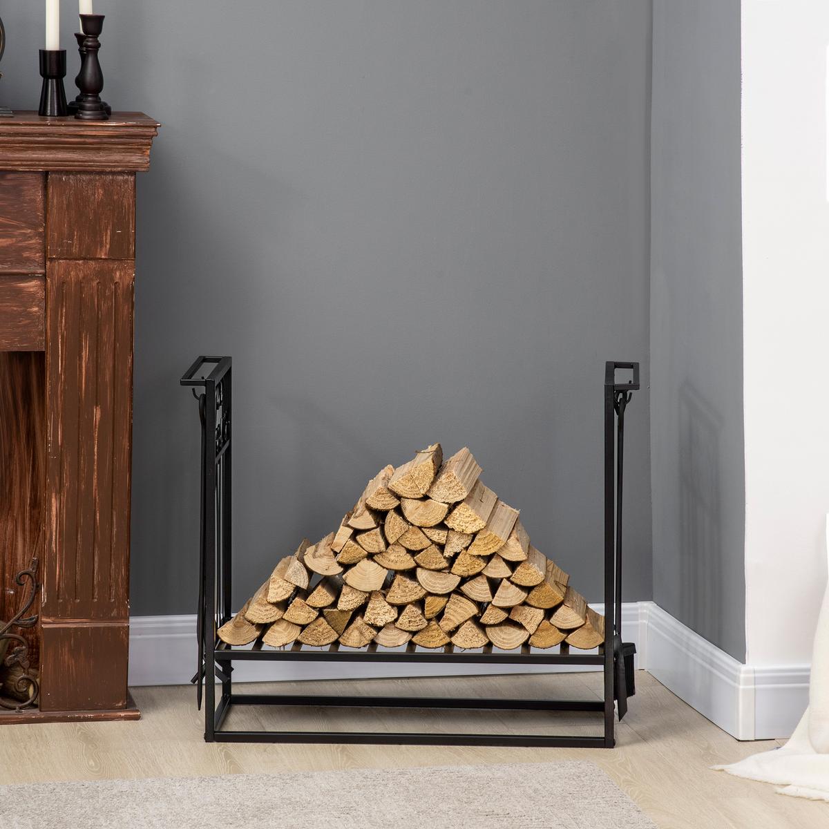 KAMINHOLZSTÄNDER mit Kaminbesteck Erhöhtes Brennholzregal Feuerholzablage Stahl - Schwarz, Metall (30/60/75cm) - HOMCOM